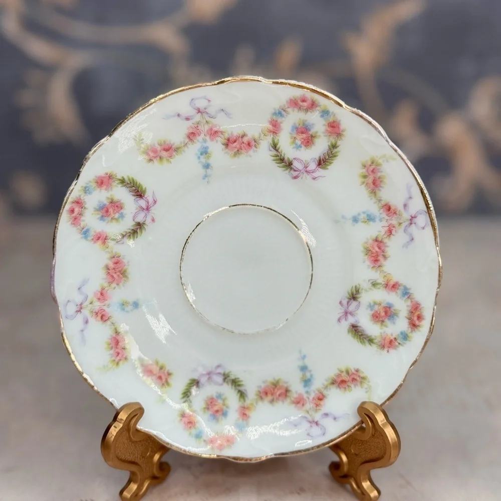 Antique Haviland Style Limoges Floral Saucers Gold Trim Set 2
